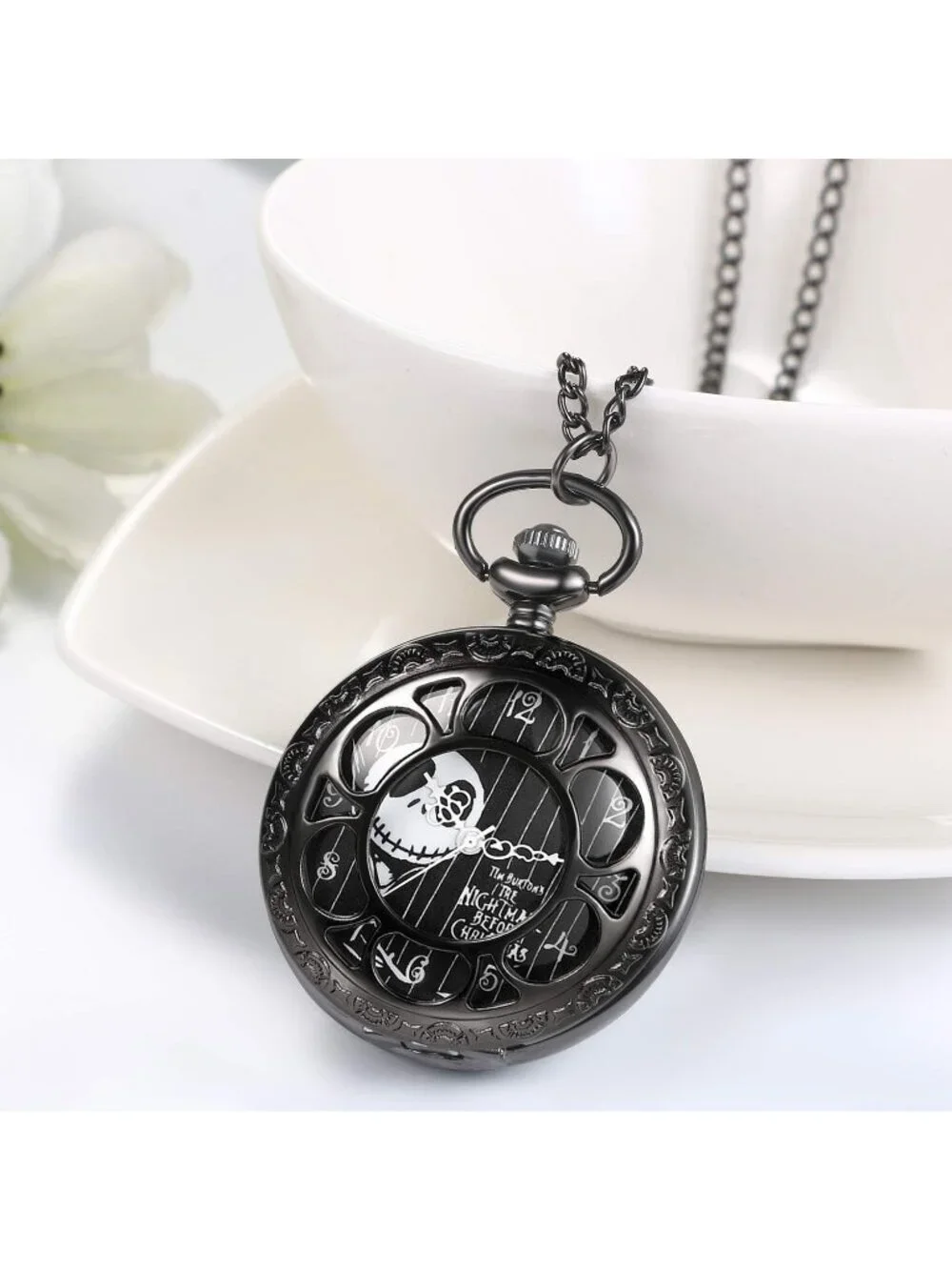 Unisex Black Analog Christmas Antique Quartz Hollow Chain Necklace Pocket Watch